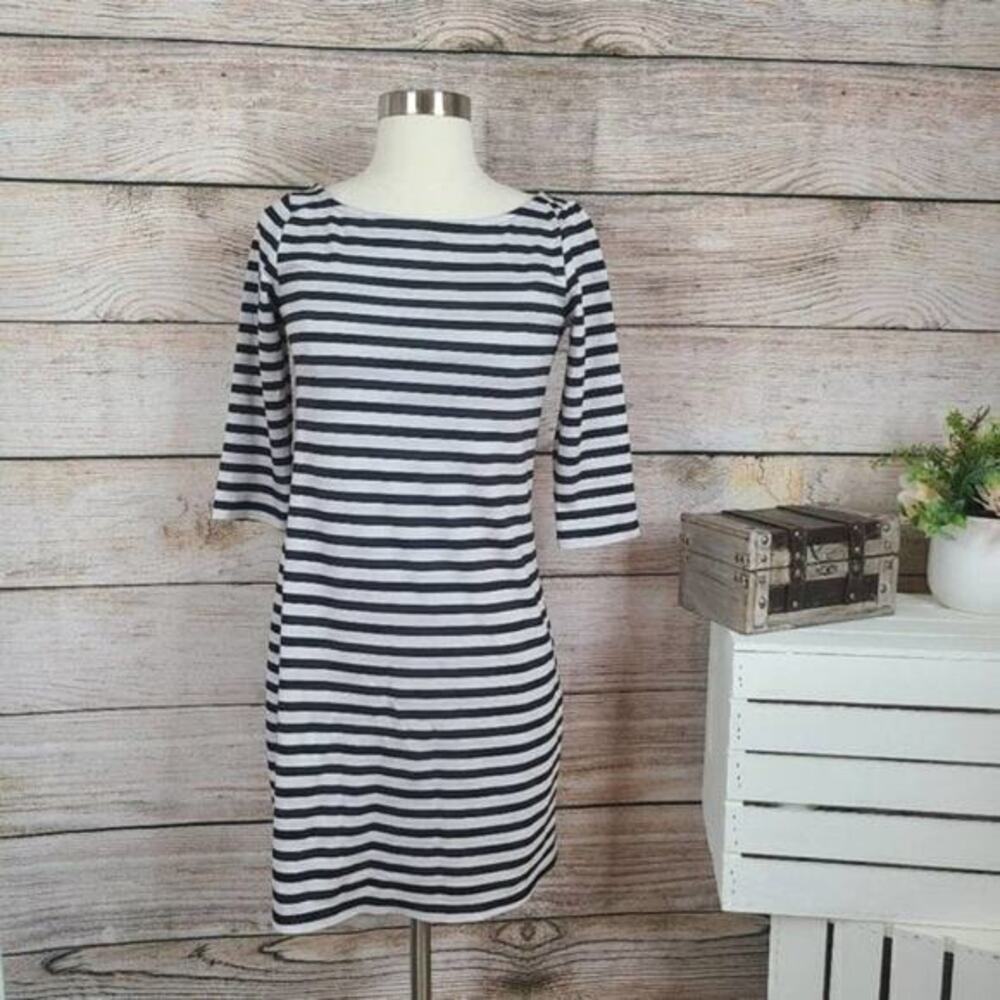 Leota Womens Striped Shift Dress Size XS Black White Mini 3/4 Sleeve‎ Boat Neck